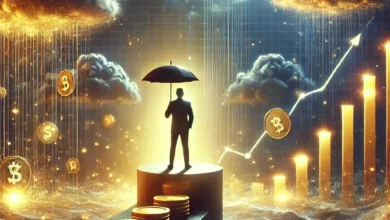 Finansal krizlerden korunma yollarını simgeleyen bir görsel: Ekonomik belirsizliği temsil eden fırtına bulutlarının altında, altın bir şemsiye tutan ve güvenli bir platformda duran bir kişi; etrafında yüzen altın paralar ve yatırım grafikleri, finansal güvenliği ve büyümeyi vurguluyor.