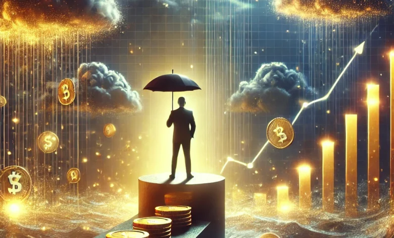 Finansal krizlerden korunma yollarını simgeleyen bir görsel: Ekonomik belirsizliği temsil eden fırtına bulutlarının altında, altın bir şemsiye tutan ve güvenli bir platformda duran bir kişi; etrafında yüzen altın paralar ve yatırım grafikleri, finansal güvenliği ve büyümeyi vurguluyor.