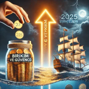 Fırtınalı bir denizde, yelkenlerinde '2025 Stratejileri' yazan sağlam bir gemi. Finansal krizlerden korunma ve dayanıklılığı temsil eder.