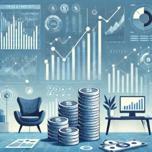 Yatırım fonları ve finansal büyüme temalı görsel, grafikler ve para yığınları ile blog içeriği için tasarlandı.