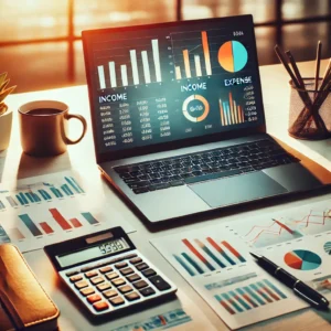 Bir masa üzerinde finansal grafiklerin yer aldığı dizüstü bilgisayar, hesap makinesi ve not defteri; organize finansal yönetimi simgeleyen profesyonel bir düzen.