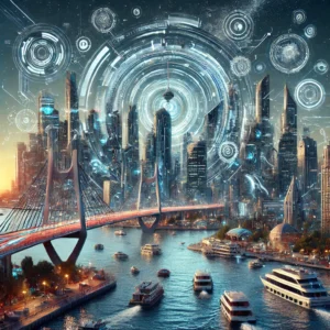 2025 yapay zeka trendlerini temsil eden futuristik dijital konsept, sinir ağları, robotlar, holografik ekranlar ve akıllı cihazlarla teknolojik inovasyonu yansıtan modern bir tasarım.