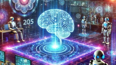 2025 yapay zeka trendlerini temsil eden futuristik dijital konsept, sinir ağları, robotlar, holografik ekranlar ve akıllı cihazlarla teknolojik evrimi vurgulayan modern bir tasarım.