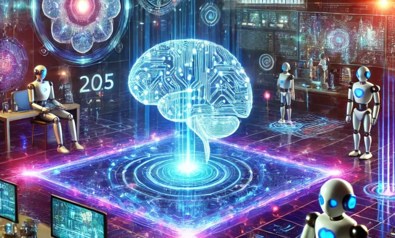 2025 yapay zeka trendlerini temsil eden futuristik dijital konsept, sinir ağları, robotlar, holografik ekranlar ve akıllı cihazlarla teknolojik evrimi vurgulayan modern bir tasarım.