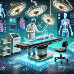 Sağlık sektöründe metaverse teknolojisinin etkisi, uzaktan cerrahi yapan bir doktor avatarı ve sanal terapi seansı örneğiyle yüksek teknolojili bir ortam.