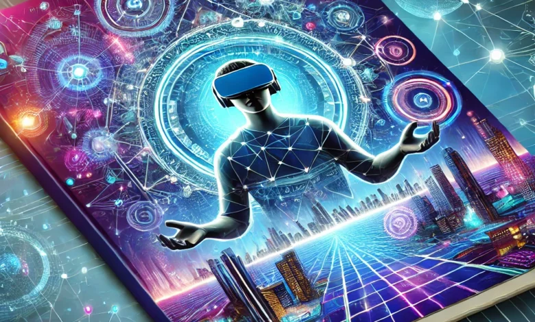 Metaverse’in geleceğini temsil eden dikkat çekici bir kapak görseli. VR gözlüğü, hologramlar ve dijital dünyayı birleştiren modern tasarım, metaverse teknolojisinin yenilikçi yönlerini vurgular.