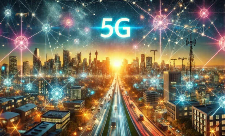 Fütüristik şehir manzarası, 5G sinyalleriyle bağlantılı akıllı cihazlar ve altyapılar, teknolojik yenilik ve bağlantı.