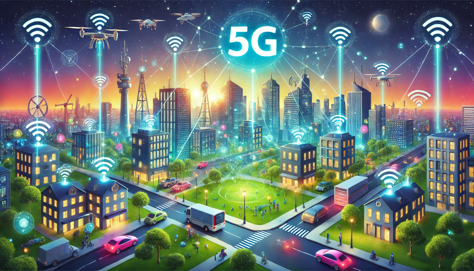 5G teknolojisiyle bağlantılı akıllı şehir, modern mimari, elektrikli araçlar ve sürdürülebilir yeşil alanlarla geleceğin inovasyonu.