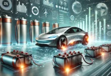 Modern elektrikli araç ve yenilikçi batarya teknolojisi, dijital veriler ve yenilenebilir enerji unsurlarıyla çevrili futuristik bir görsel.