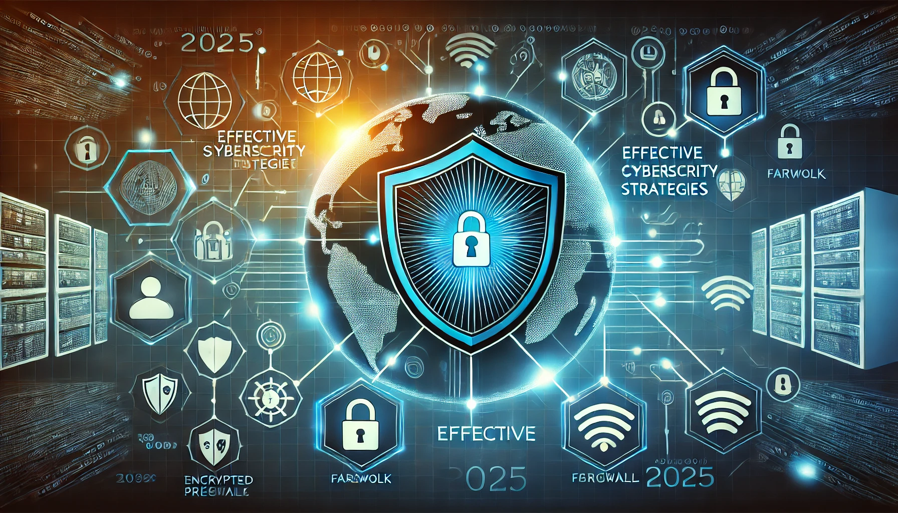 2025 için etkili siber güvenlik stratejilerini temsil eden çok katmanlı dijital kalkan, padlock simgeleri, şifrelenmiş veri akışları ve küresel ağ bağlantıları.