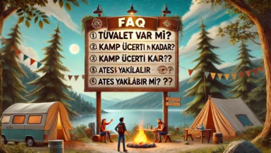 "Kamp alanları sık sorulan sorular, Türkçe bilgi panosu, kamp ortamı, doğa ve bilgilendirme.