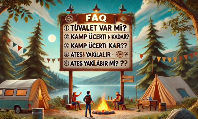 "Kamp alanları sık sorulan sorular, Türkçe bilgi panosu, kamp ortamı, doğa ve bilgilendirme.