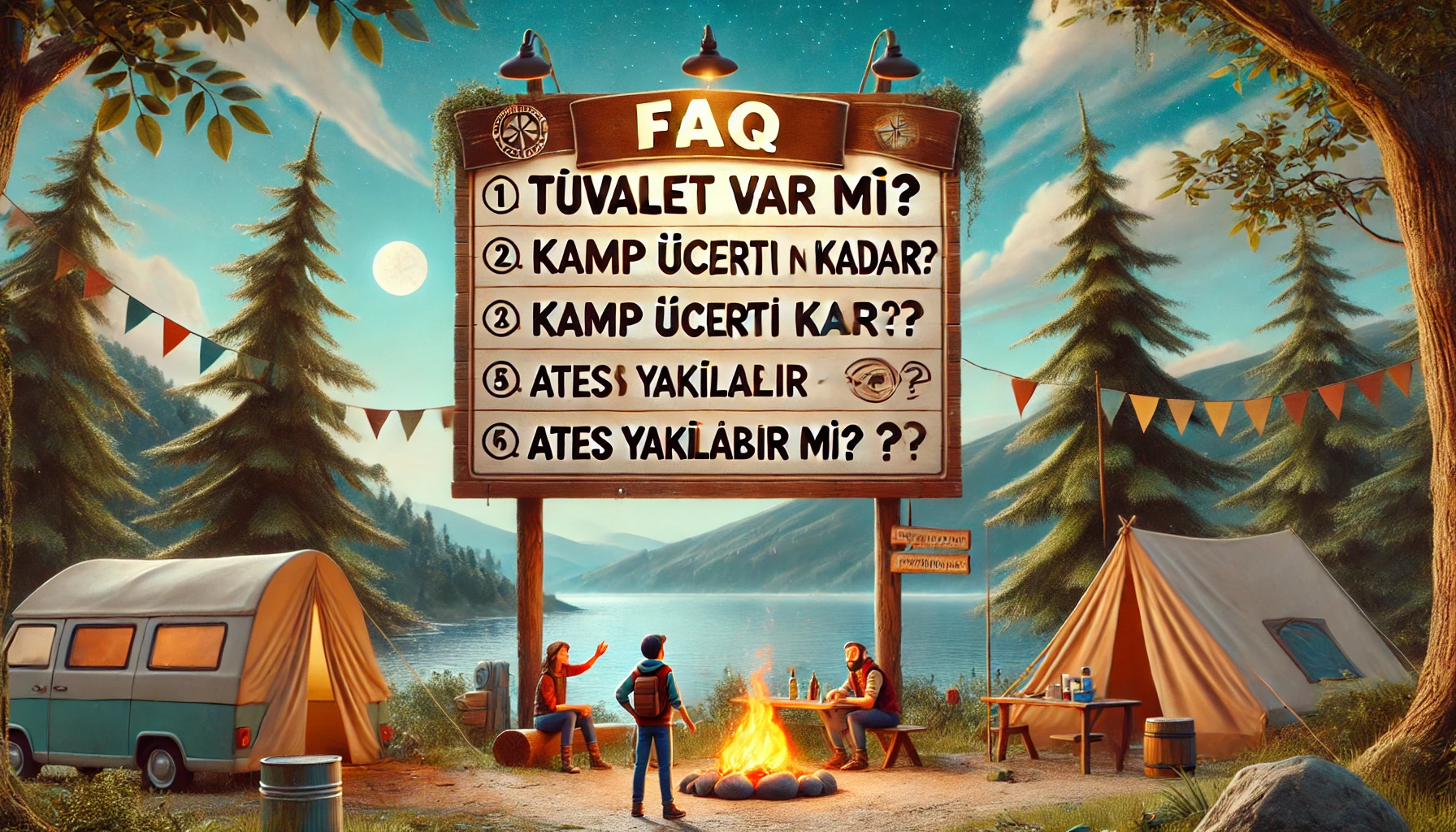 "Kamp alanları sık sorulan sorular, Türkçe bilgi panosu, kamp ortamı, doğa ve bilgilendirme.
