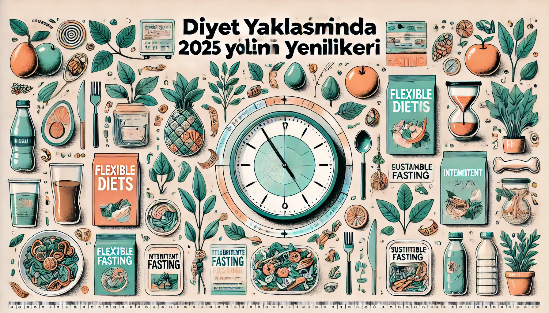 Diyet Yaklaşımlarında 2025 Yılının Yenilikleri: Esnek diyetler, aralıklı oruç ve sürdürülebilir beslenme trendlerini temsil eden görsel