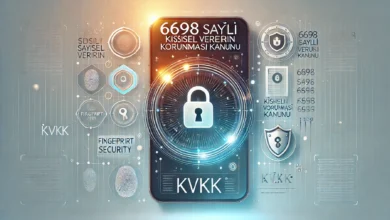 6698 Sayılı Kişisel Verilerin Korunması Kanunu (KVKK) başlıklı makale için Türkçe metin içeren, veri güvenliği ve parmak izi simgeleriyle zenginleştirilmiş kapak görseli