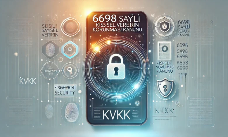 6698 Sayılı Kişisel Verilerin Korunması Kanunu (KVKK) başlıklı makale için Türkçe metin içeren, veri güvenliği ve parmak izi simgeleriyle zenginleştirilmiş kapak görseli