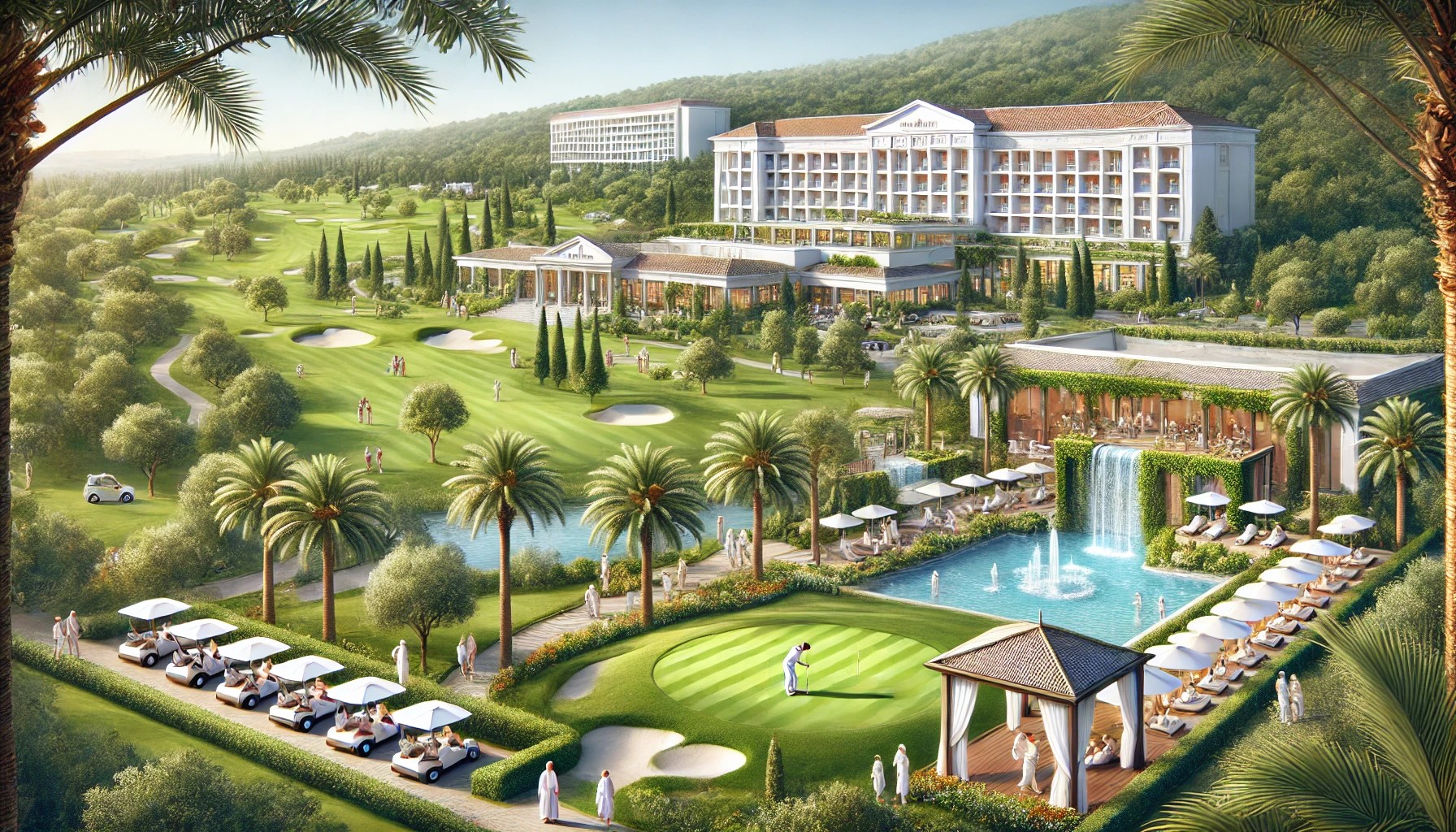 Belek'te golf ve spa hizmetleri sunan lüks otel, golf sahası ve wellness merkezi deneyimi