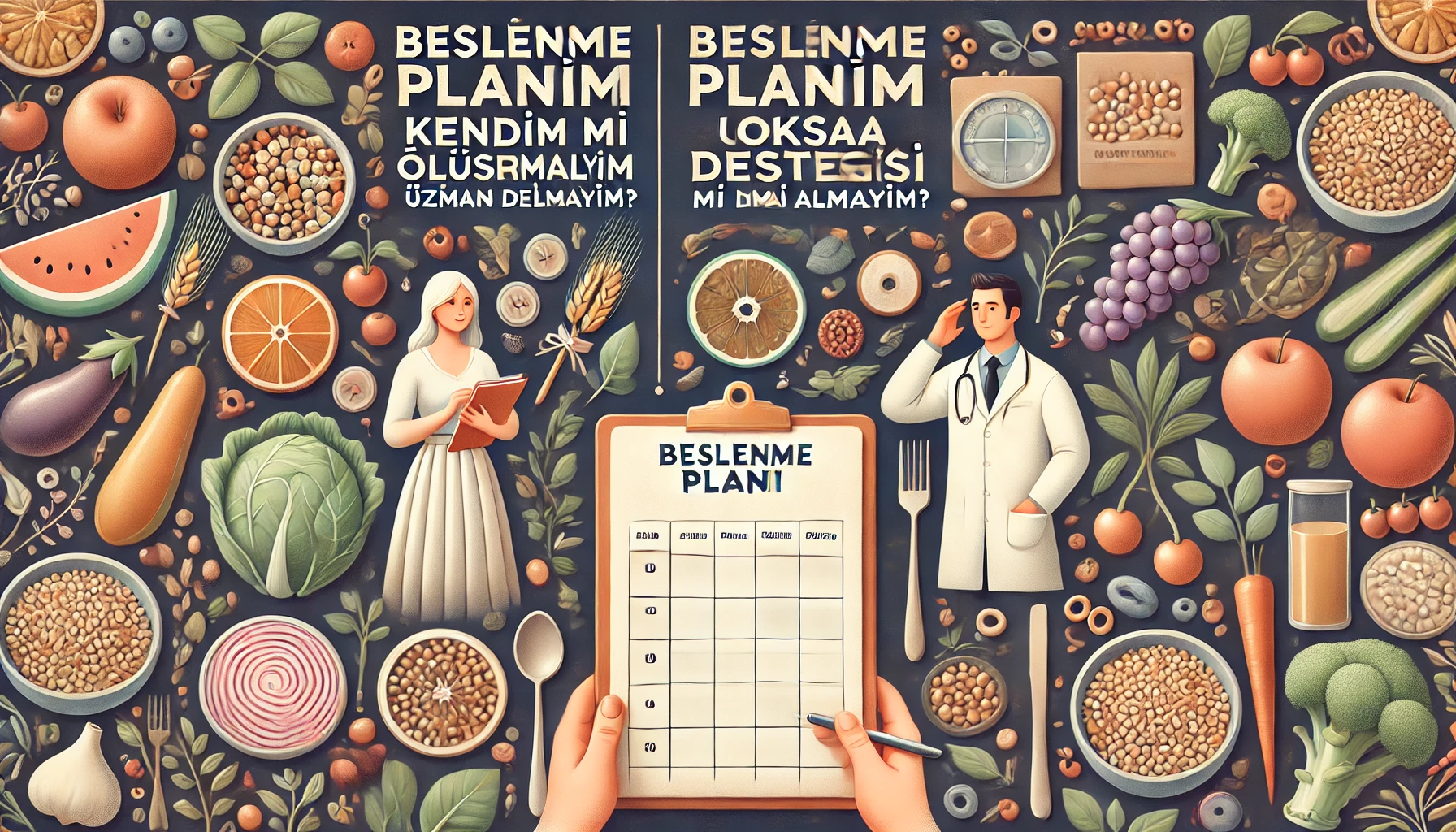 Beslenme planımı kendim mi oluşturmalıyım yoksa uzman desteği mi almalıyım başlığı için bir yanda yemek planlama defteri tutan kişi, diğer yanda beslenme uzmanı ve sağlıklı yiyeceklerle dengeli bir sahne
