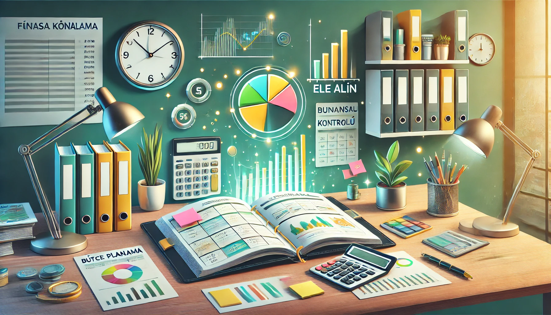 Bütçe Planlama Finansal Kontrolü Ele Alın - Modern çalışma masası, bütçe planlama araçları, grafikler ve organizasyon ile finansal yönetimi vurgulayan görsel.