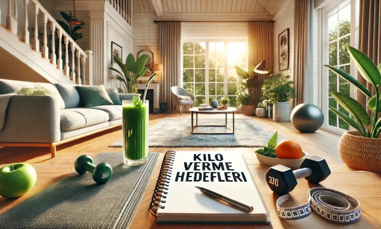 Evde kilo verme programları kapak görseli, yoga matı, dumbbell, yeşil smoothie, kilo verme hedefleri not defteri, sağlıklı yaşam ve motivasyon