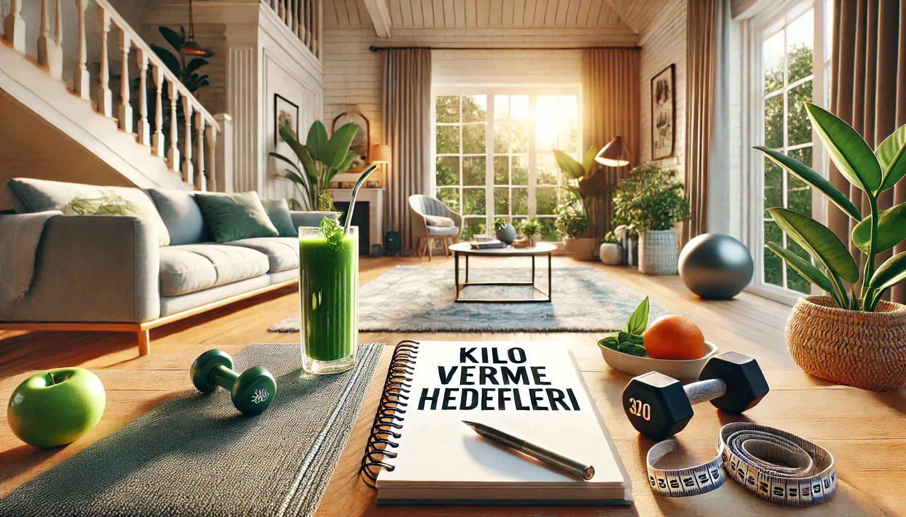 Evde kilo verme programları kapak görseli, yoga matı, dumbbell, yeşil smoothie, kilo verme hedefleri not defteri, sağlıklı yaşam ve motivasyon