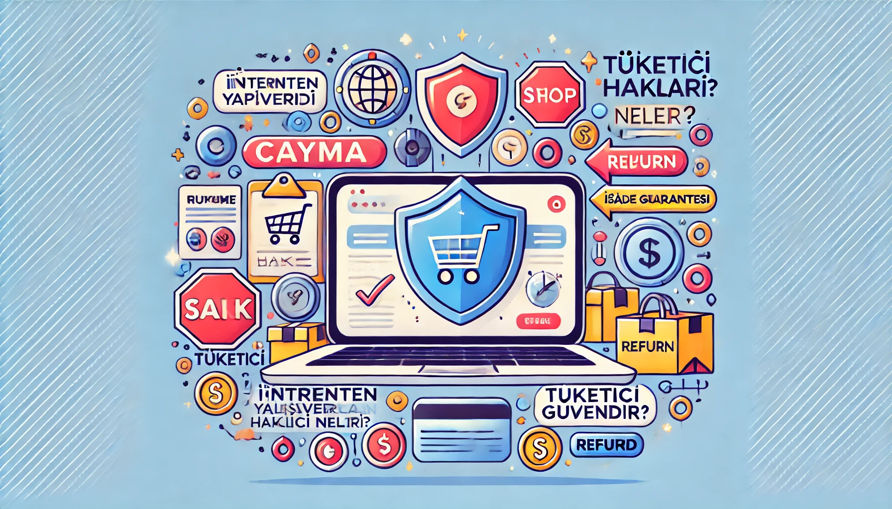 İnternetten yapılan alışverişlerde tüketici haklarını simgeleyen görsel, cayma hakkı, iade garantisi ve tüketici güvencesi temalı tasarım