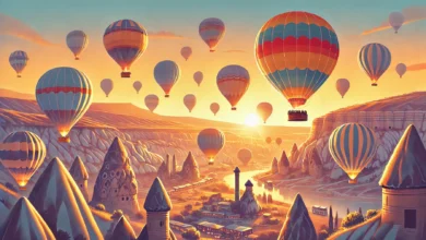 Kapadokya'da gün doğumunda peri bacaları üzerinde süzülen renkli balonlar ve manzarayı izleyen gezginler.
