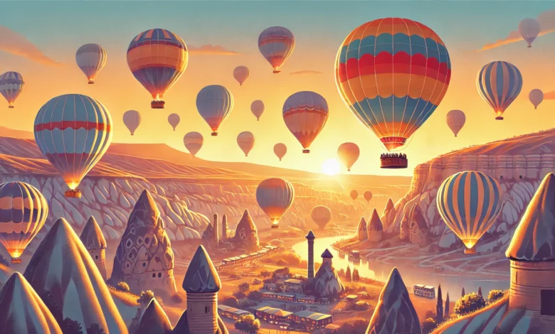 Kapadokya'da gün doğumunda peri bacaları üzerinde süzülen renkli balonlar ve manzarayı izleyen gezginler.