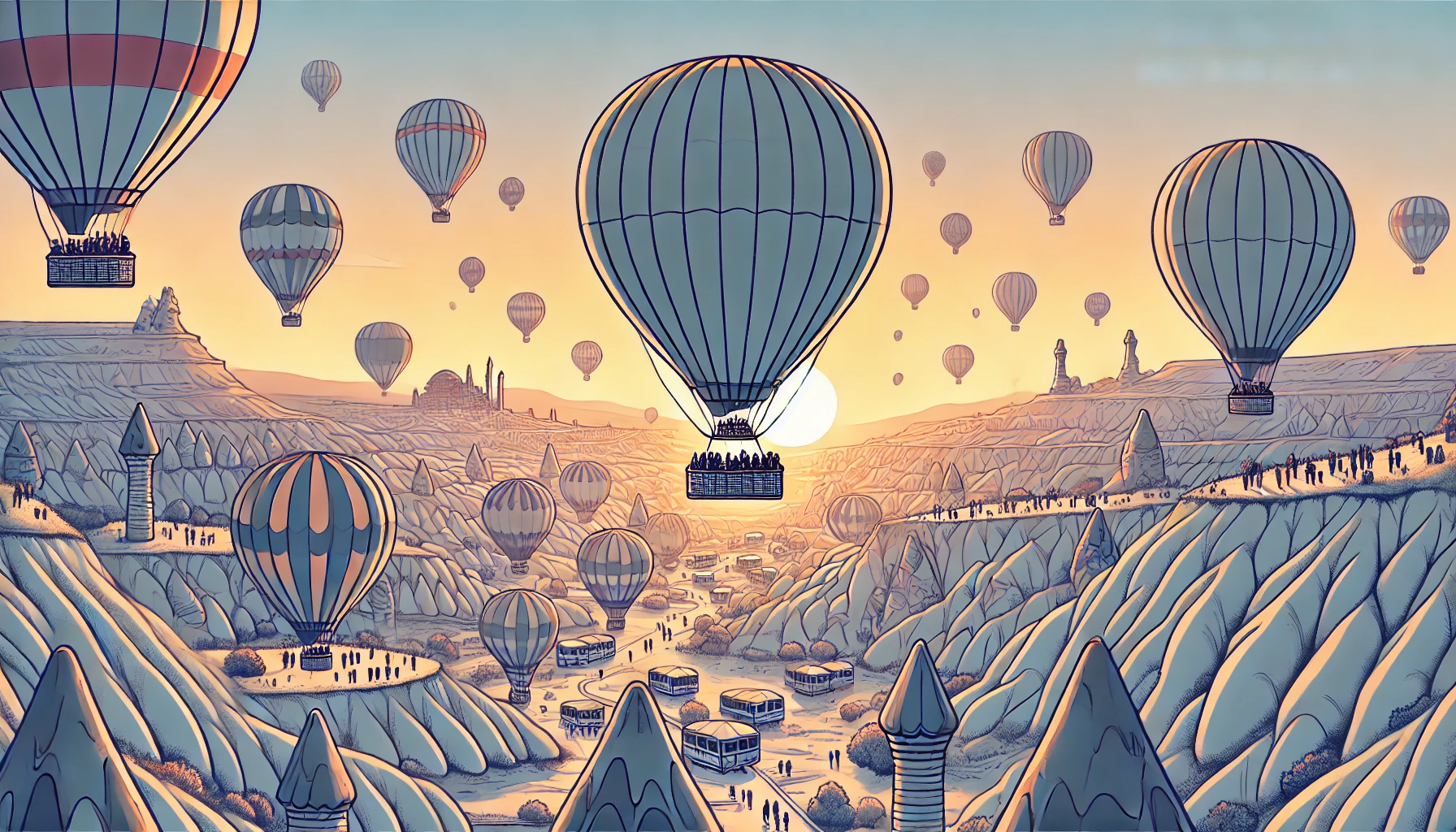 Kapadokya'da sıcak hava balonu sepetinde az sayıda kişiyle peri bacaları üzerinde süzülen balon turu.