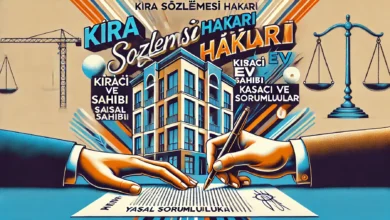 Kira sözleşmesi hakları, kiracı ve ev sahibi yasal sorumlulukları, Türkçe yazılar içeren kapak görseli, modern apartman ve adalet terazisi.
