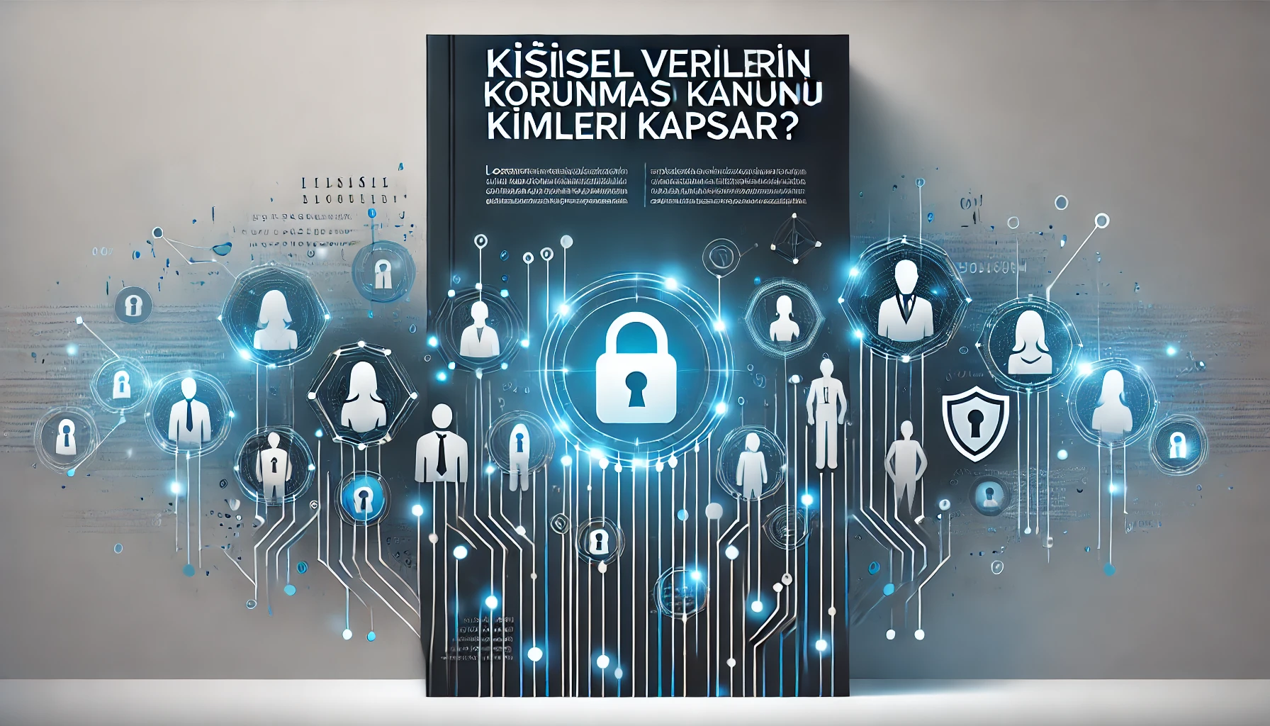 Kişisel Verilerin Korunması Kanunu Kimleri Kapsar başlıklı makale için veri güvenliği, birey siluetleri ve Türkçe metin içeren modern kapak görseli