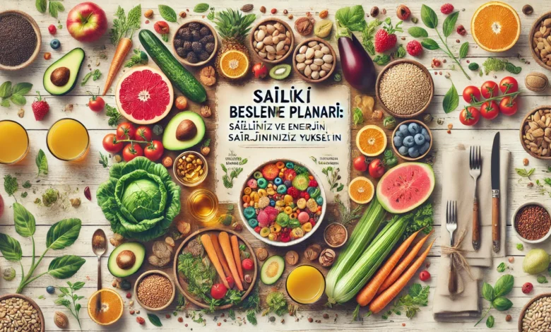 Sağlıklı Beslenme Planları Sağlığınızı ve Enerjinizi Yükseltin başlıklı makale için taze sebze, meyve, tahıl ve sağlıklı atıştırmalıklarla dolu bir masa düzenlemesi