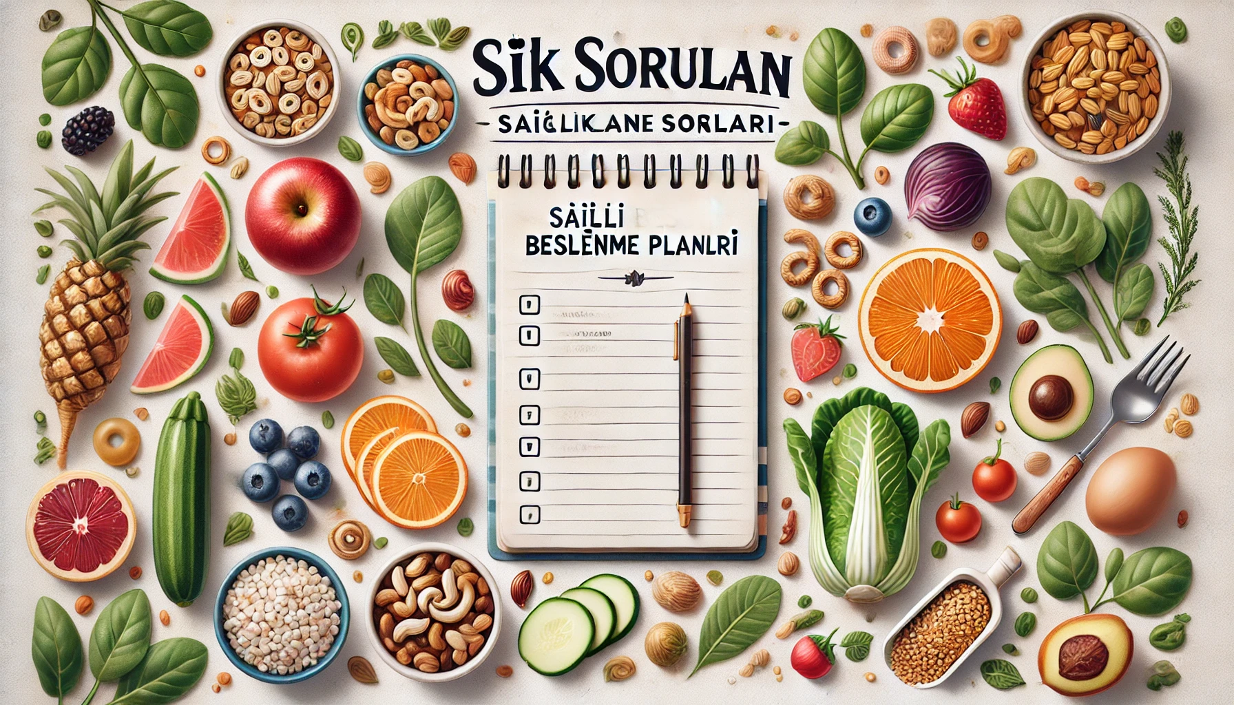 Sağlıklı Beslenme Planları başlığı için taze meyve, sebze, kuruyemişler ve tahıllar ile not defteri ve kalem içeren bir tasarım. Sorular ve planlama temasını yansıtan net ve temiz bir düzen