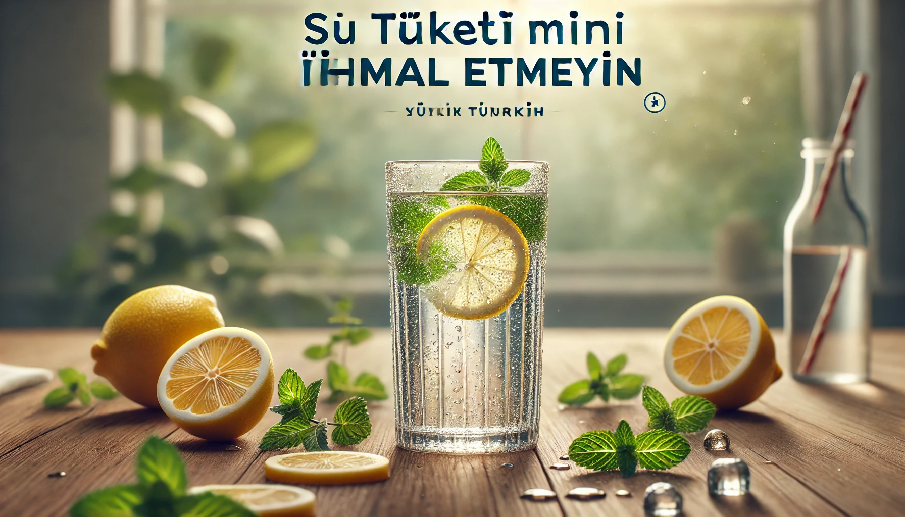 Su Tüketimini İhmal Etmeyin başlığı için limon dilimleri ve nane yaprakları ile süslenmiş, soğuk ve taze bir su bardağı görüntüsü. Arka planda doğal ışıkla sağlık ve tazelik vurgulanıyor