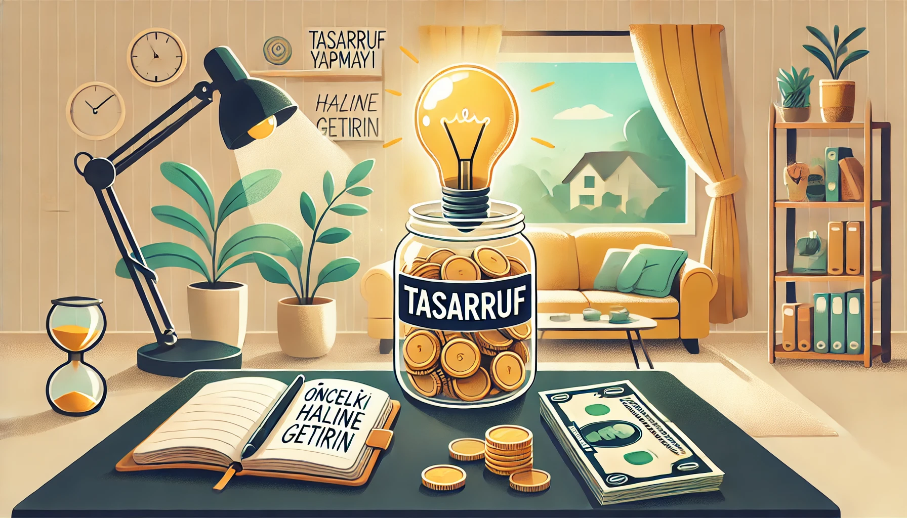 Tasarruf Yapmayı Öncelik Haline Getirin - Tasarruf kavanozu, ışık saçan ampul ve yazılı finansal hedeflerle sıcak bir ev ortamını yansıtan görsel