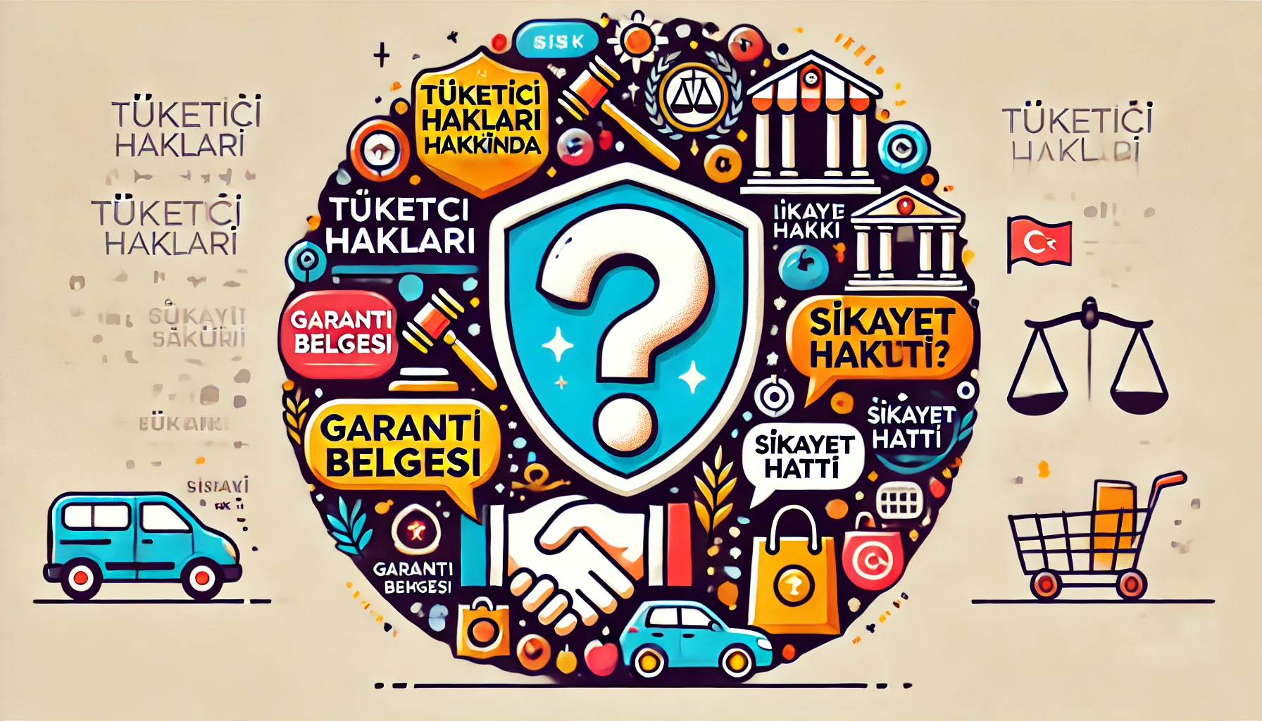 Tüketici hakları hakkında sık sorulan sorular görseli, garanti belgesi, iade hakkı ve şikayet hattı temalı tasarım