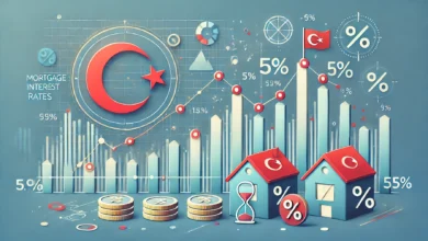 Türkiye’de konut kredisi faiz oranlarının tarihsel seyrini gösteren grafik, Türk bayrağı ve finansal sembollerle görsel