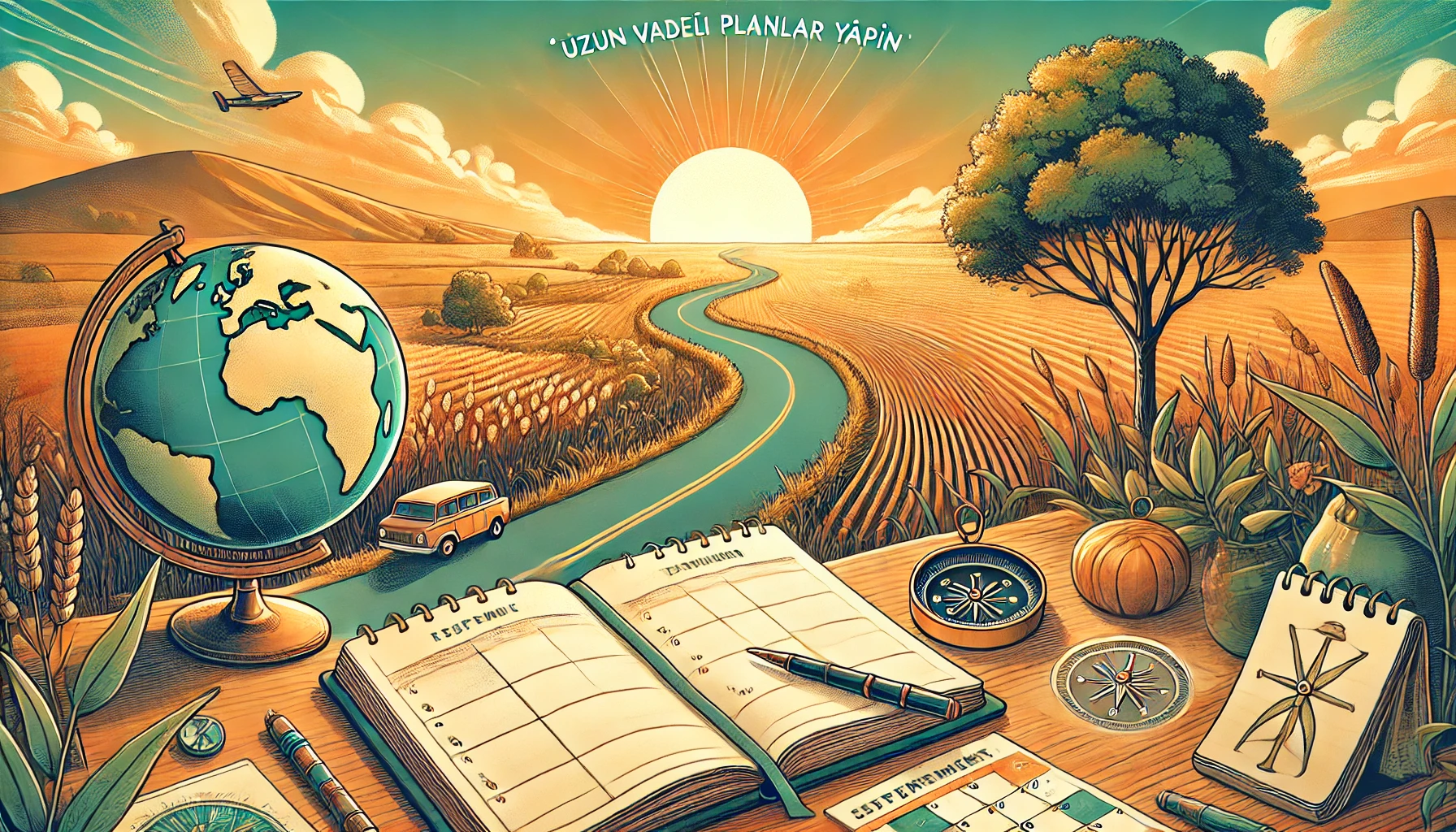 Uzun Vadeli Planlar Yapın - Ufka uzanan yol, açık defter, pusula, takvim ve büyüyen ağaç ile geleceği ve planlamayı simgeleyen görsel